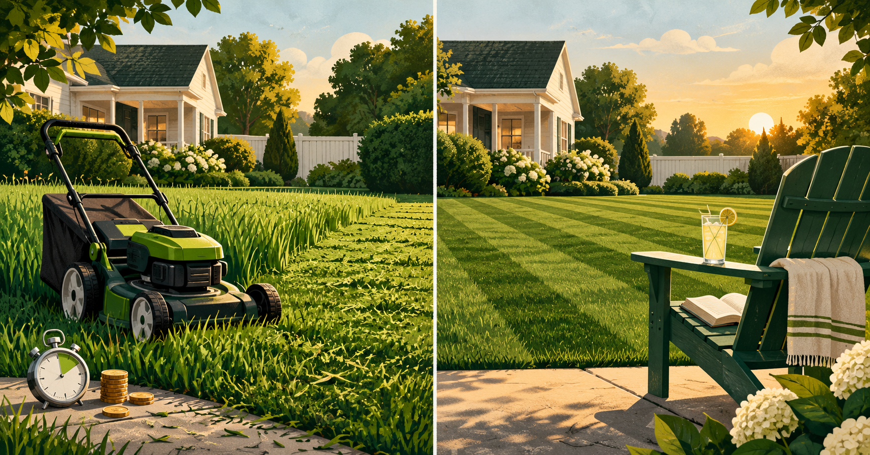 A split view of mowing a lawn yourself and buying back the time